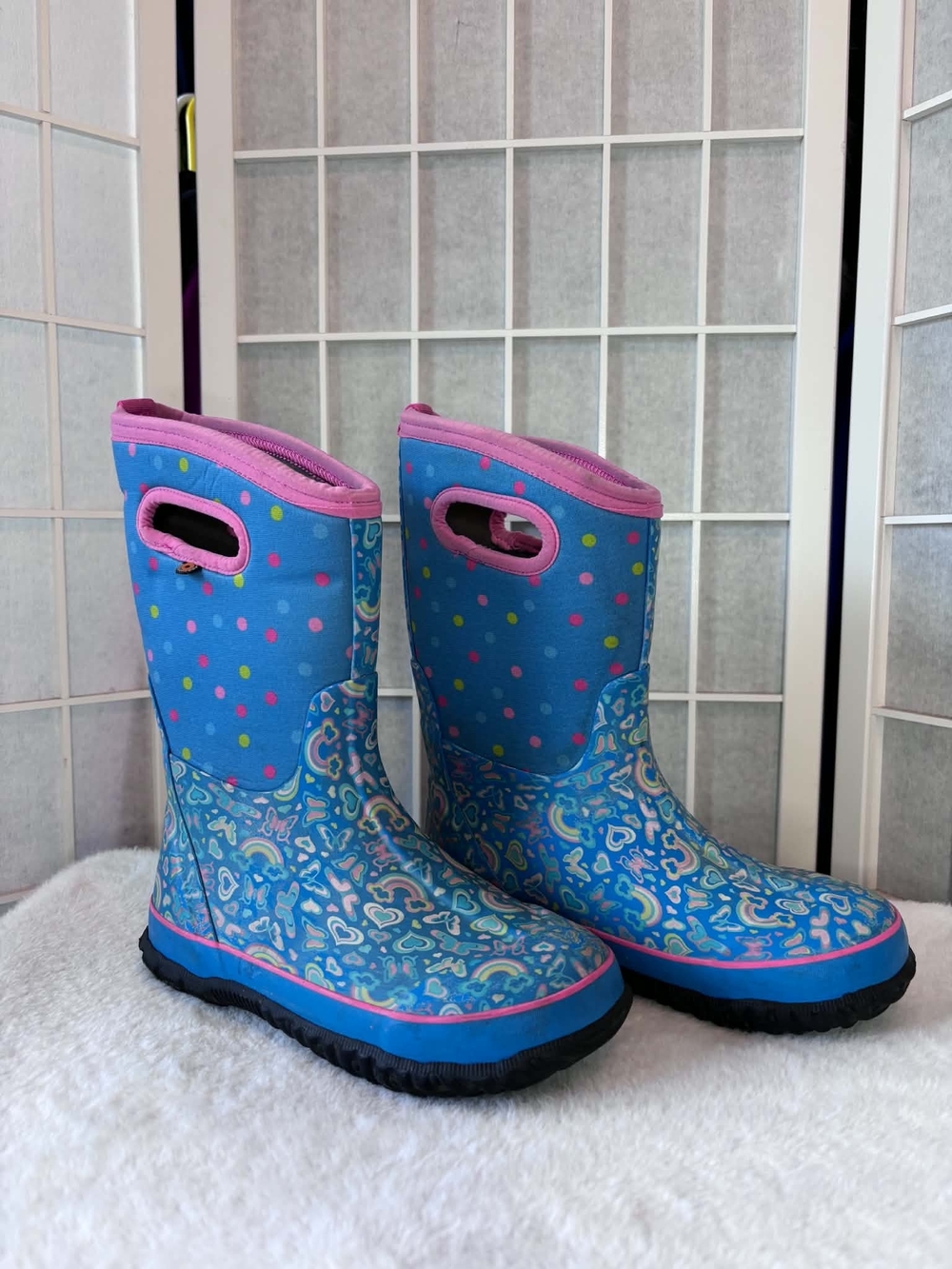 Bogs Kids Blue and Pink Heart & Dot Rain Boots